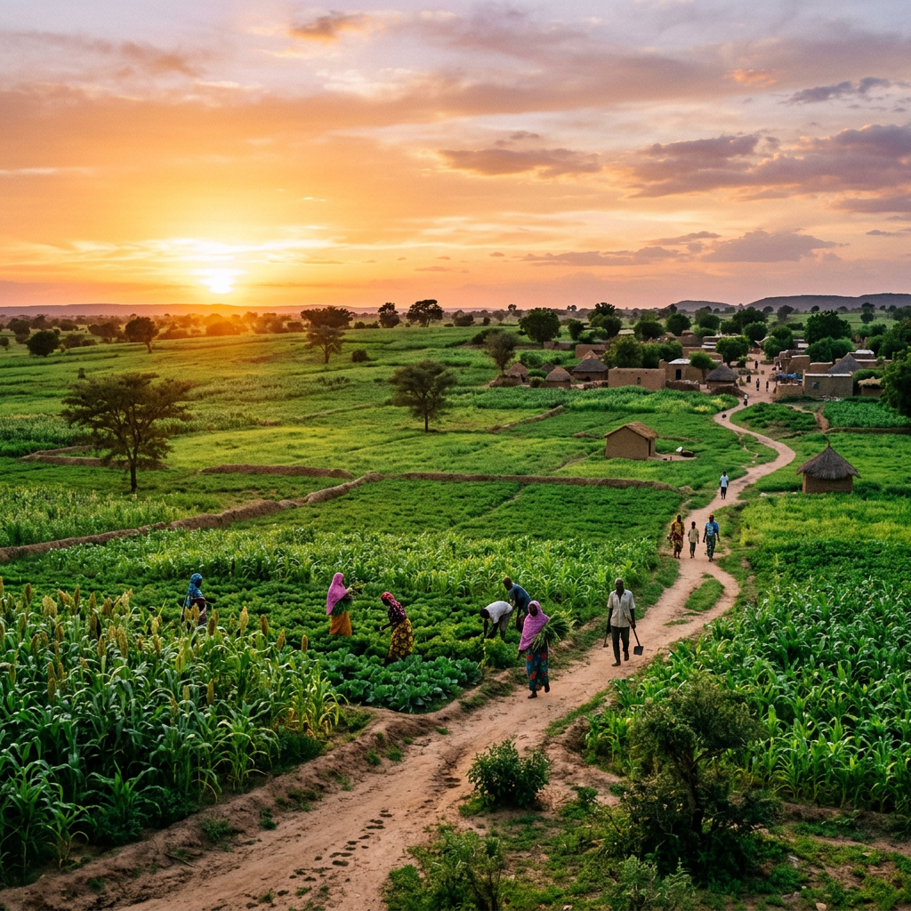 People working in green agricultural fields near a rural village at sunset